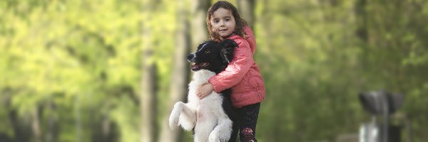 Border collie, Przytulenie, Dziewczynka, Pies