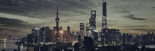 Chiny, Szanghaj, Miasto nocą, Drapacze chmur