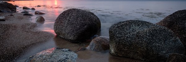 Wybrzeże, Piasek, Kamienie, Zachód słońca, Morze