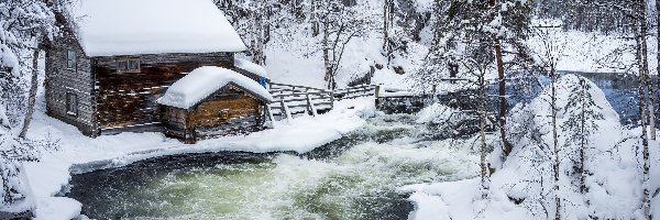 Rzeka, Młyn Myllykoski, Park Narodowy Oulanka, Laponia, Finlandia, Drzewa, Las, Drewniany, Zima