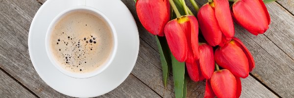 Kawa, Czerwone, Filiżanka, Deski, Tulipany