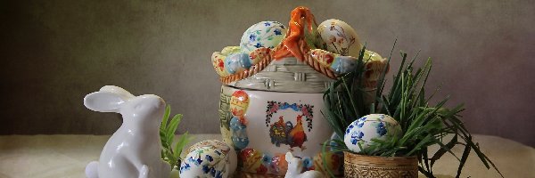Wielkanoc, Zajączki, Ceramiczny, Figurki, Pisanki, Trawa, Koszyczek