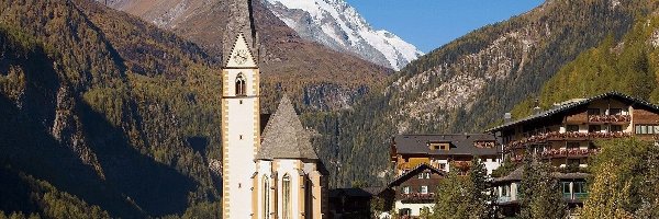 Austria, Kościół, Góry, Drzewa, Domy