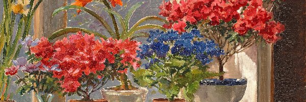 Kwiaty, Malarstwo, Parapet, Okno, Olga Aleksandrowna Romanowa, Doniczki, Wazon, Obraz