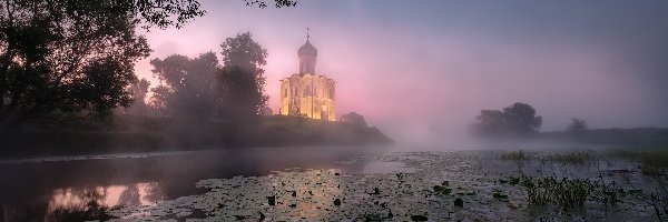 Rośliny, Drzewa, Mgła, Rzeka Nerl, Cerkiew Opieki Matki Bożej, Rosja, Obwód włodzimierski, Wschód słońca, Bogolubowo