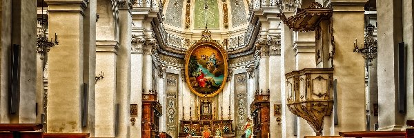 Wnętrze, Miejscowość Modica, Zdobienia, Ławki, Włochy, Ołtarz, Kolumny, Kościół Chiesa di san Giovanni Evangelista