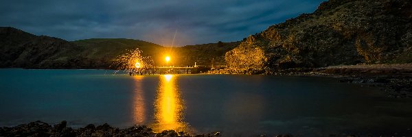 Światła, Morze, Kamienie, Second Valley, Australia, Noc, Molo