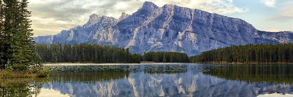 Prowincja Alberta, Jezioro Two Jack Lake, Świerki, Drzewa, Park Narodowy Banff, Kanada, Odbicie, Góry Mount Rundle