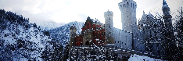 Zamek, Bawaria, Neuschwanstein, Zima, Niemcy