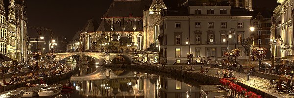 Budynki, Belgia, Kanał, Nocą, Miasto, Deptak, Most