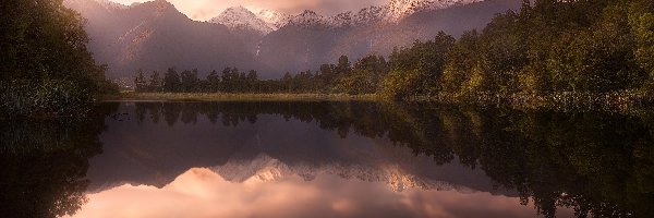 Góry, Wyspa Południowa, Park Narodowy Góry Cooka, Wschód słońca, South Westland, Alpy Południowe, Jezioro Matheson, Nowa Zelandia