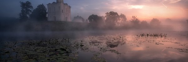 Bogolubowo, Brzeg, Rosja, Mgła, Drzewa, Szuwary, Wschód słońca, Rzeka Nerl, Cerkiew Opieki Matki Bożej, Obwód włodzimierski