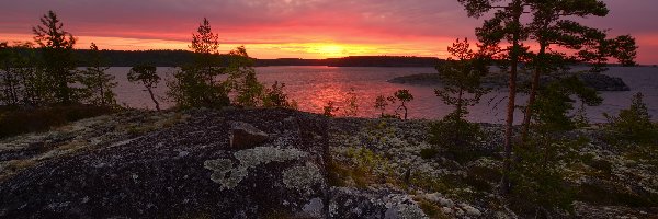 Rosja, Skały, Drzewa, Góry, Jezioro Ładoga, Karelia, Zachód słońca