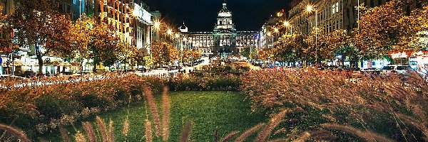 Ulica, Plac Wacława, Muzeum Narodowe, Miasto nocą, Praga, Czechy