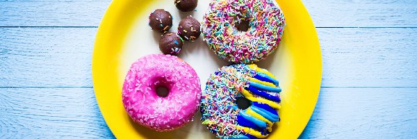 Kulki, Pączki, Deski, Niebieskie, Donuty, Czekoladowe, Talerz, Trzy
