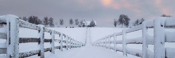 Dom, Śnieg, Ogrodzenie, Droga, Zima, Drzewa, Płot