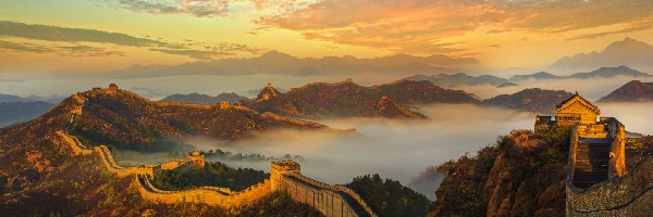 Mur, Lasy, Chiński, Wielki, Mgła, Skały Wielki Mur Chiński, Chmury