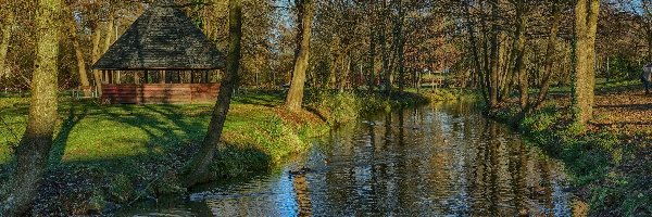 Altanka, Park, Rzeka Oste, Sittensen, Niemcy, Drzewa, Kamienie