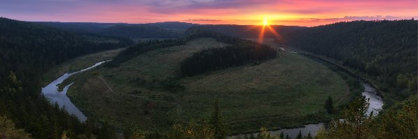 Drzewa, Meander, Rzeka, Zachód słońca, Zakole, Wzgórza