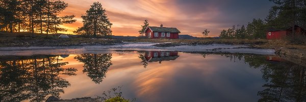 Drzewa, Zachód słońca, Jezioro Vaeleren, Dom, Ringerike, Norwegia