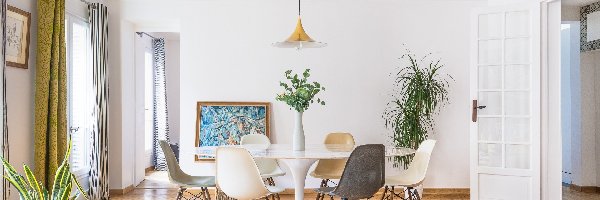 Krzesła, Kwiaty, Obraz, Jadalnia, Pokój, Stół, Lampa