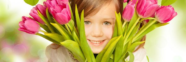 Dziewczynka, Bukiet, Kwiaty, Różowe, Tulipany