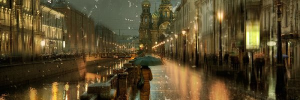 Kobieta, Ulica, Parasol, Deszcz, Budynki