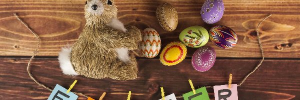 Wielkanoc, Napis, Easter, Pisanki, Zajączek, Deski, Sznurek