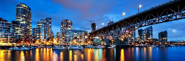 Vancouver, Fraser, Most, Nocą, Rzeka, Drapacze Chmur