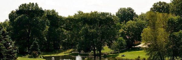 Fontanna, Mostek, Staw, Park, Drzewa