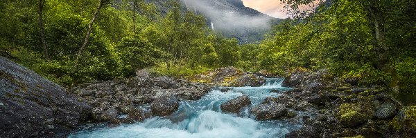Góry, Rzeka Rauma, Kamienie, Drzewa, Dolina Romsdalen, Norwegia