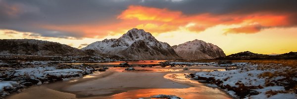 Morze, Islandia, Śnieg, Góry, Archipelag, Lofoty