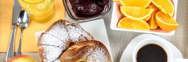 Jabłko, Rogaliki, Dżem, Kawa, Śniadanie, Pomarańcze, Sok