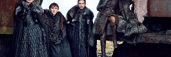 Kit Harington - Jon Snow, Sophie Turner - Sansa Stark, Isaac Hempstead-Wright - Bran Stark, Maisie Williams - Arya Stark, Game of Thrones, Gra o Tron