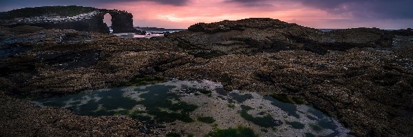 Plaża Katedr, Prowincja Lugo, Zachód słońca, Skały, Gmina Ribadeo, Plaża As Catedrais, Wybrzeże, Hiszpania