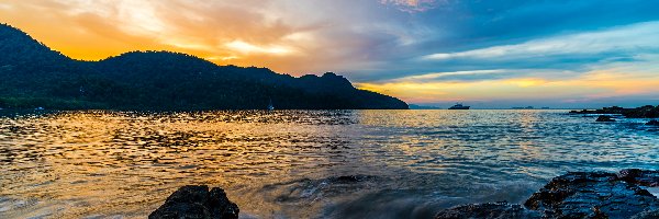 Skały, Morze Andamańskie, Zachód słońca, Wzgórza, Park Datai Bay, Malezja