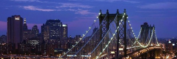 Manhattan Bridge, Drapacze chmur, Oświetlenie, Miasto nocą