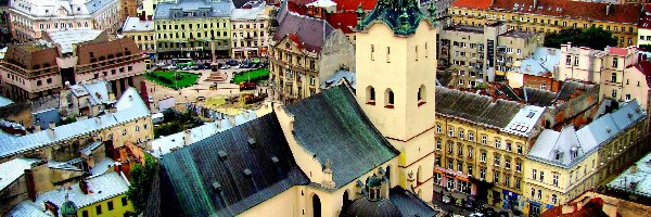 Kościoły, Panorama, Ulice, Domy, Lwów, Ukraina, Miasta