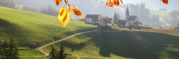 Gałązki, Wieś Santa Maddalena, Włochy, Kościół, Lasy, Drzewa, Domy, Dolina Val di Funes, Góry, Liście