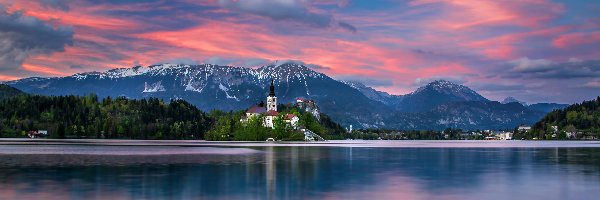 Świt, Bled, Kościół, Słowenia, Jezioro, Góry