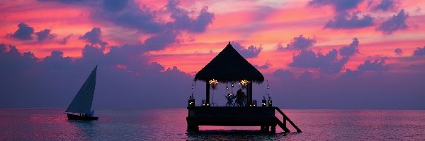 Morze, Altana, Żaglówka, Malediwy, Zachód słońca