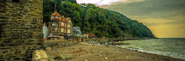 Lynmouth, Kamienie, Domy, Anglia, Plaża, Wybrzeże