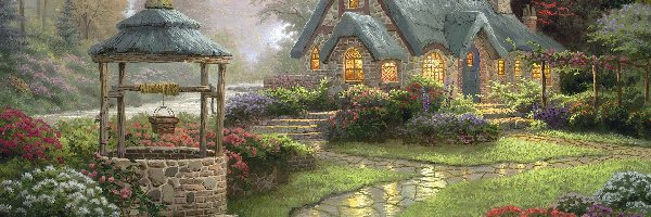 Ogród, Studnia, Dworek, Thomas Kinkade, Obraz
