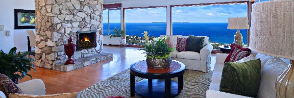 Salon, Okna, Kominek, Morze, Widok