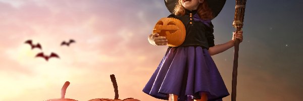 Halloween, Dynie, Dziewczynka, Miotła, Nietoperze