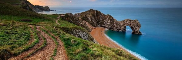 Zachód słońca, Wybrzeże Jurajskie, Skały, Morze, Anglia, Droga, Durdle Door