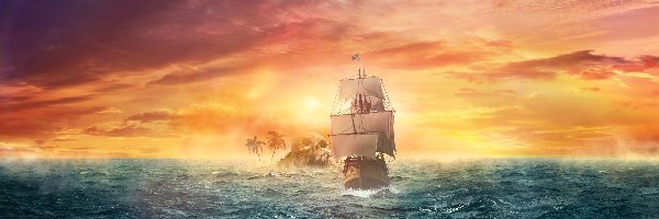 Żaglowiec, Morze, Piraci, Fantasy, Zachód słońca