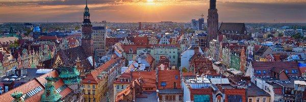 Wrocław, Zachód słońca, Panorama miasta, Polska