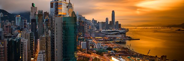 Wieżowce, Miasto nocą, Hong Kong, Chiny