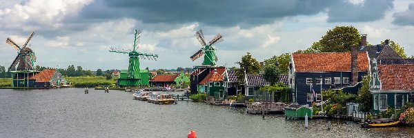 Wiatraki, Skansen Zaanse Schans, Rzeka Zaan, Domy, Zaandam, Holandia